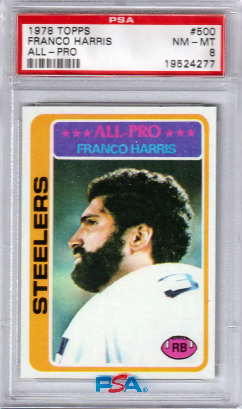 PSA-graded 1978 Topps Franco Harris All-Pro football card in protective case for collectors