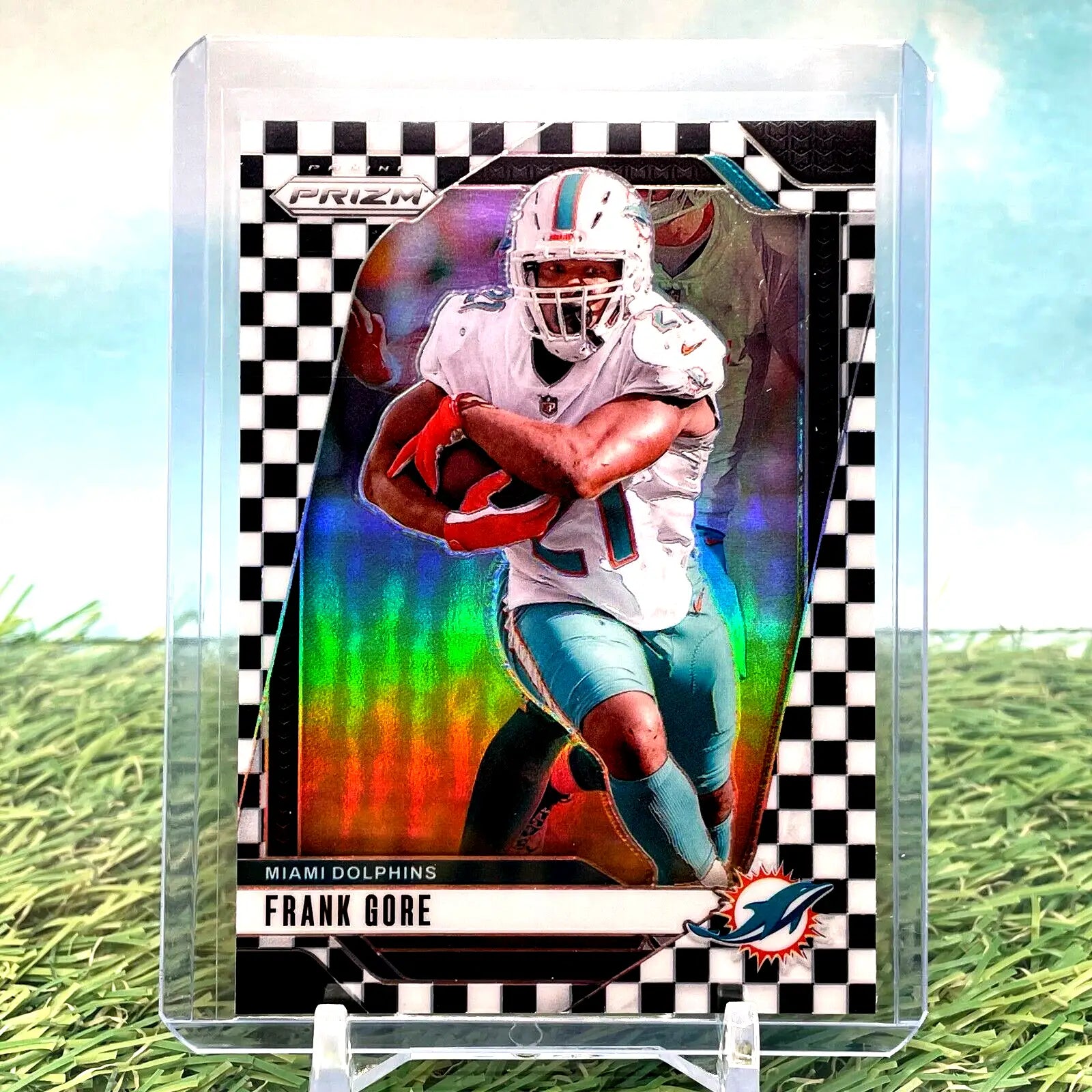 Frank Gore Panini Prizm Black White Checkerboard Card featuring Miami Dolphins design