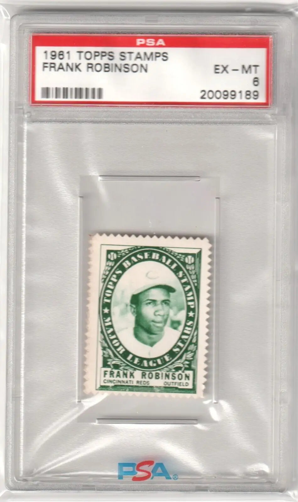 PSA-graded 1961 Topps Frank Robinson Stamp with green portrait design for single cards