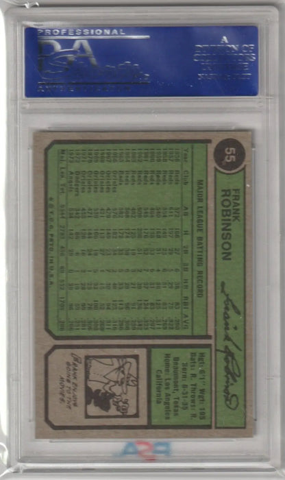 Trading card in protective case on green background - FRANK ROBINSON 1974 Topps #55