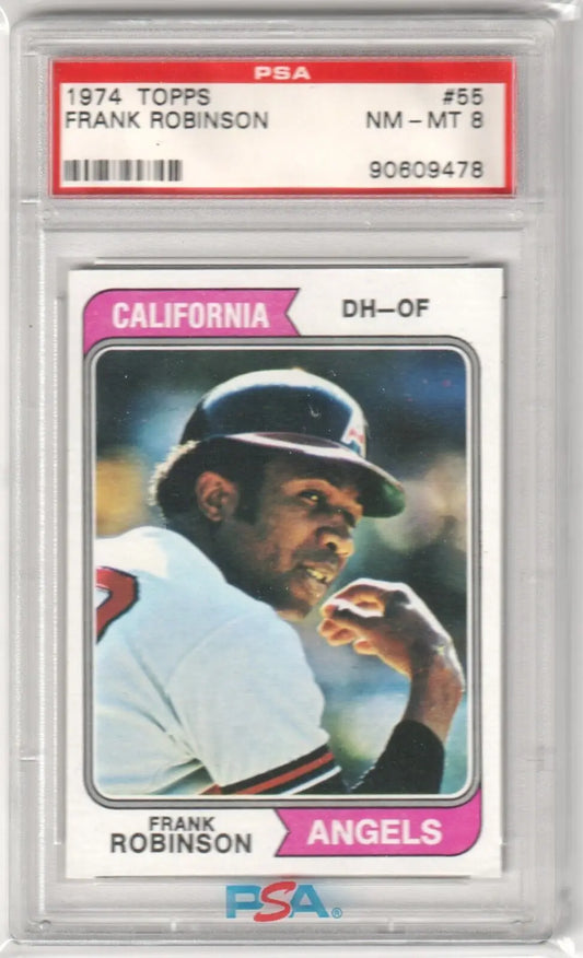 PSA-graded 1974 Topps California Angels Frank Robinson card in protective case from Columbia Hobby