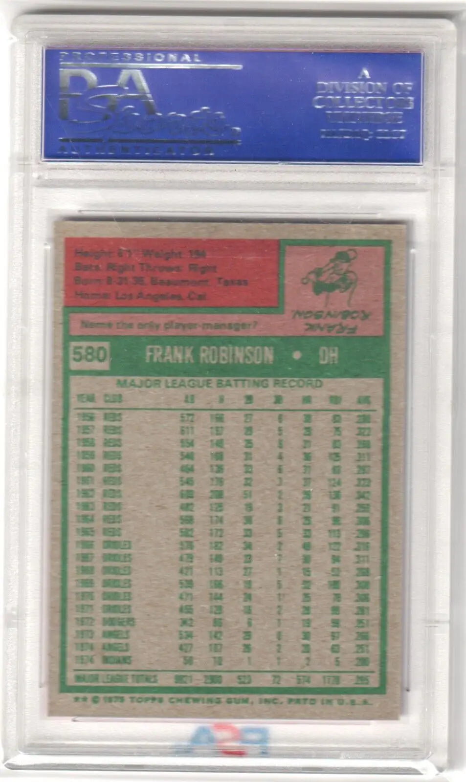 Baseball card in protective case showing player stats for Frank Robinson 1975 Topps PSA 8