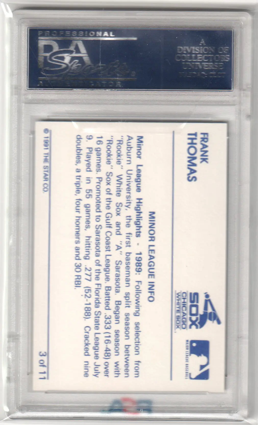 PSA graded card holder displaying back of Frank Thomas 1991 Star RC trading card