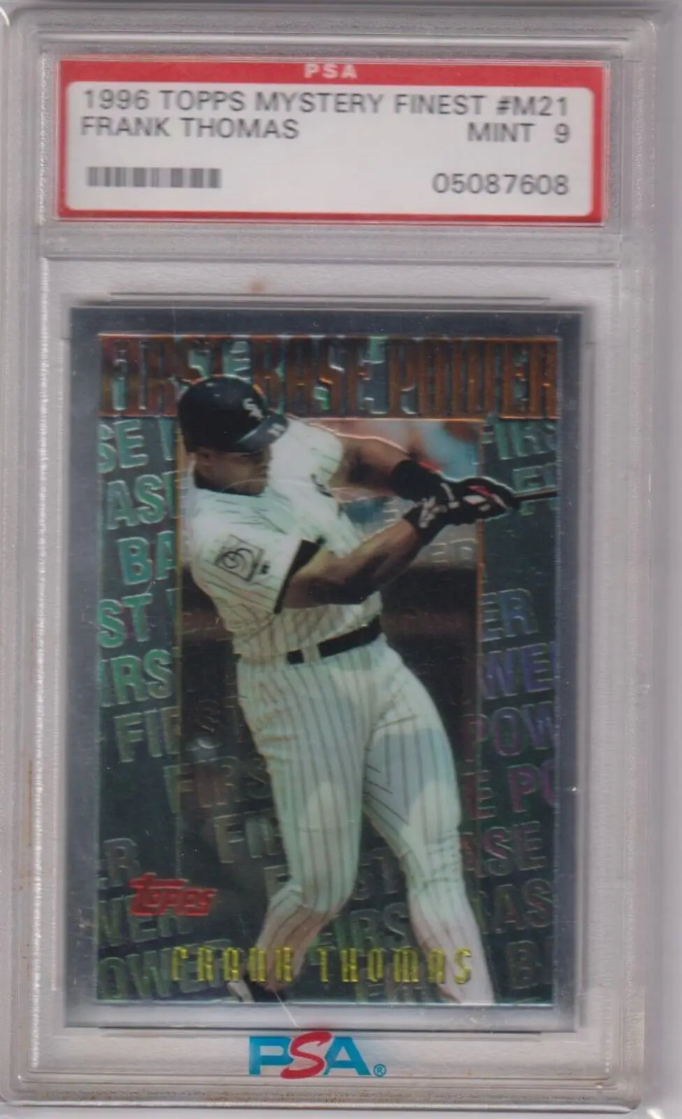 PSA-graded 1996 Topps Mystery Finest Frank Thomas baseball card in protective case