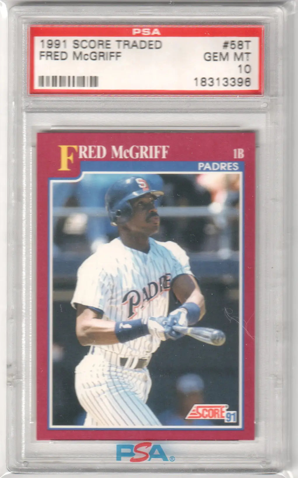 PSA-graded 1991 Score Traded Fred McGriff baseball card for Columbia Hobby Padres fans