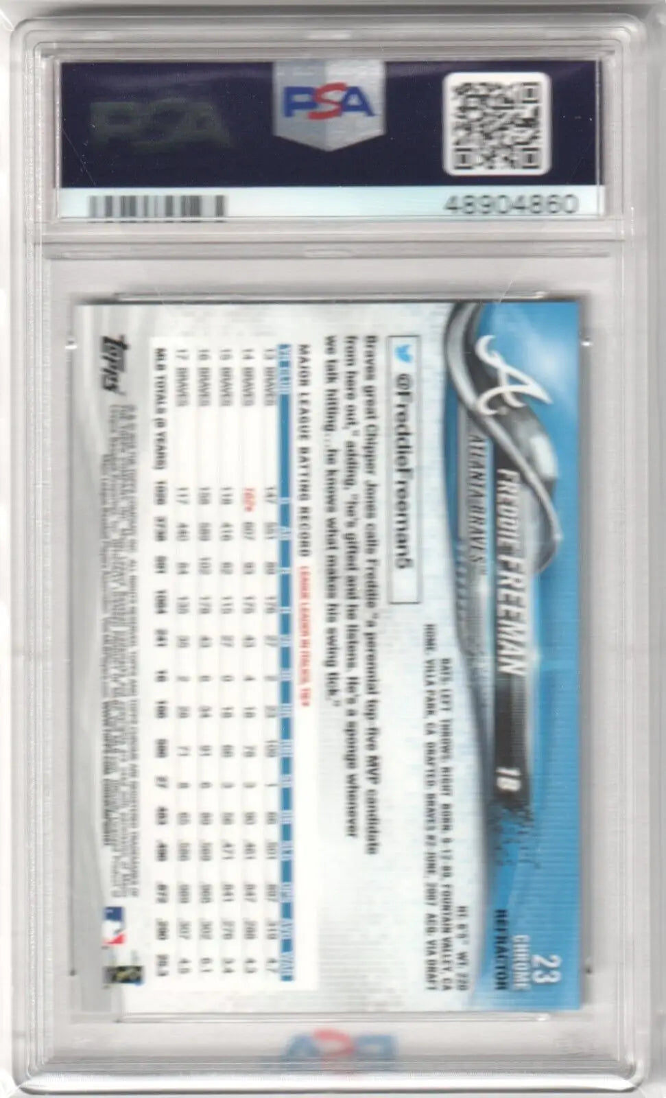 Back side of FREDDIE FREEMAN 2018 Topps Chrome X-Fractor PSA 10 single card in case