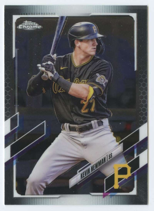 Kevin Newman at bat in black jersey on 2021 Topps Chrome Pittsburgh Pirates Baseball Card