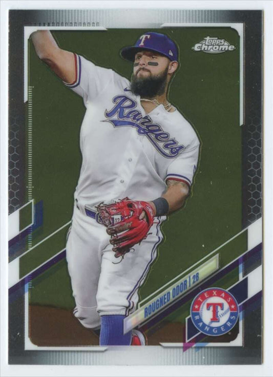 2021 Topps Chrome Rougned Odor Baseball Card featuring Texas Rangers pitcher in uniform