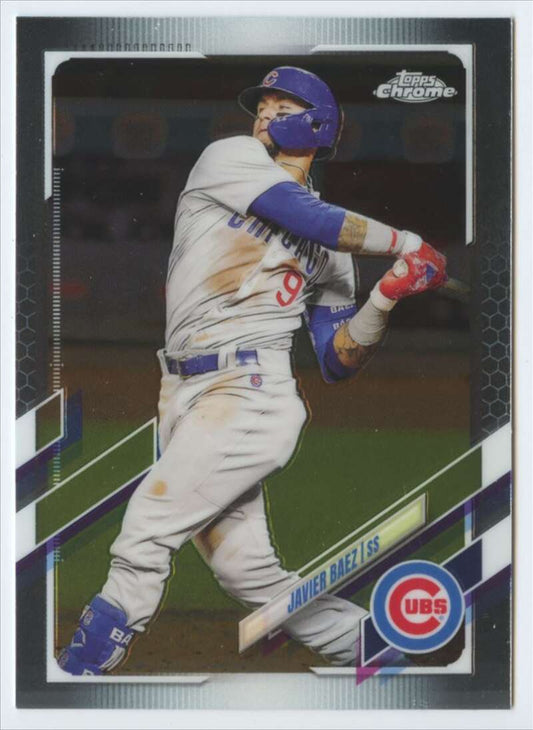 Javier Baez swinging a bat in Chicago Cubs away uniform during a baseball game