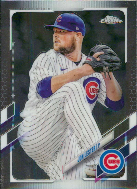 Jon Lester Chicago Cubs baseball card mid-delivery in white pinstriped uniform