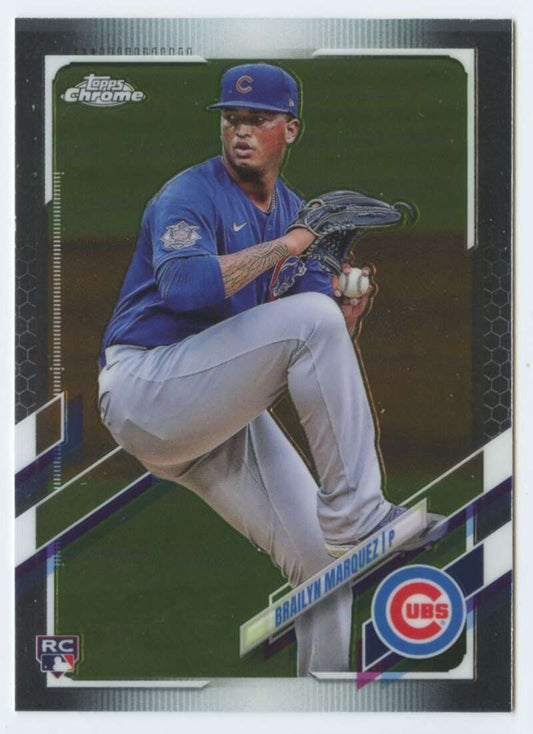 Brailyn Marquez mid-delivery in gray uniform on 2021 Topps Chrome Chicago Cubs card