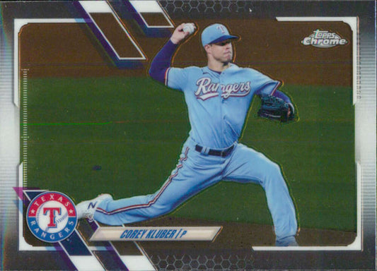 Corey Kluber Texas Rangers Baseball Card featuring pitcher in light blue uniform delivery