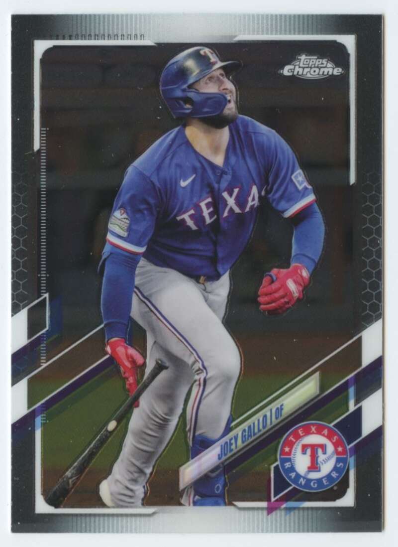 Joey Gallo in blue jersey with red gloves on Texas Rangers Baseball Card 2021 Topps Chrome