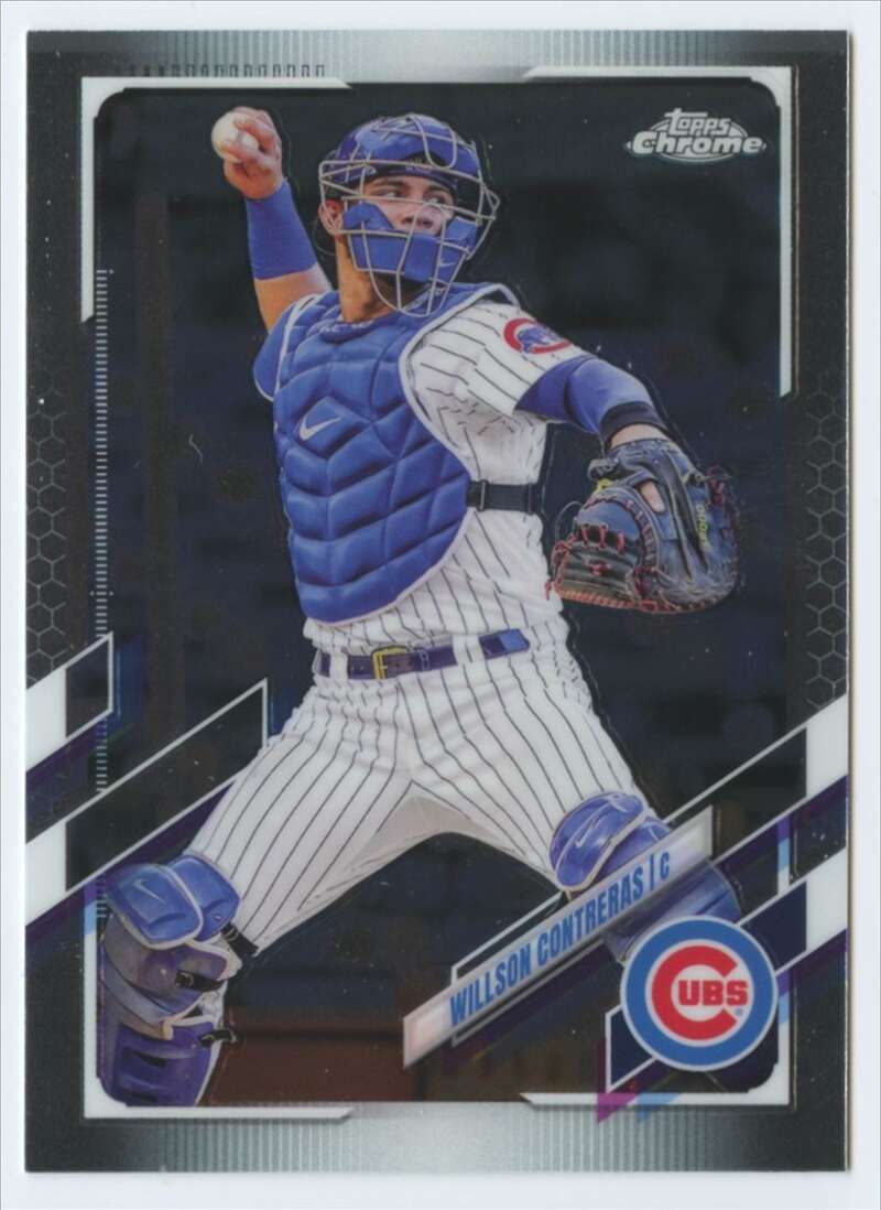 Willson Contreras throwing in blue gear on 2021 Topps Chrome Chicago Cubs Baseball Card