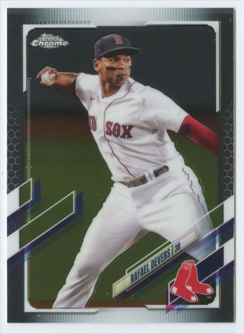 Boston Red Sox player Rafael Devers mid-pitch in 2021 Topps Chrome baseball card