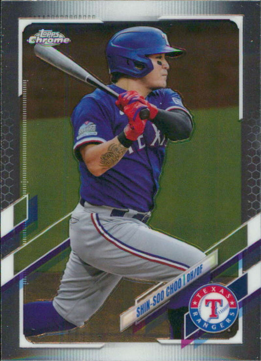 Baseball player swinging bat in Texas Rangers uniform on Topps Chrome baseball card