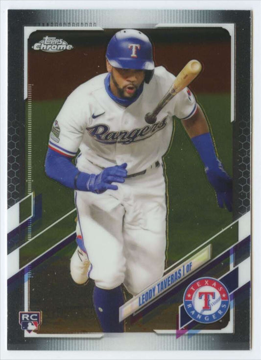 Leody Taveras Texas Rangers player in white uniform on 2021 Topps Chrome baseball card