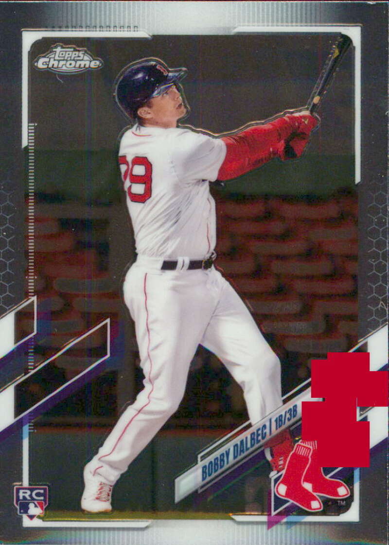 Bobby Dalbec swinging bat in Red Sox white uniform on 2021 Topps Chrome card