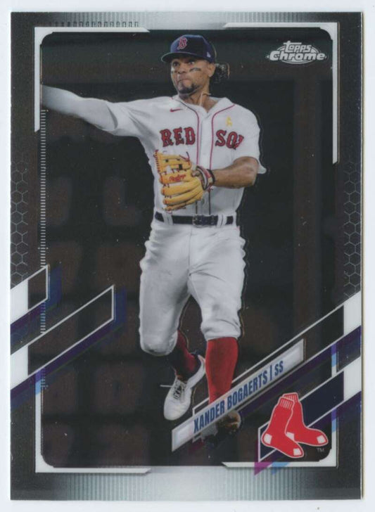 Xander Bogaerts making a throwing motion in Boston Red Sox uniform on baseball card