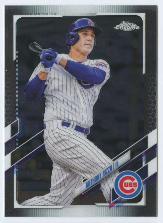 Anthony Rizzo swinging bat in Chicago Cubs pinstriped uniform on Topps Chrome card