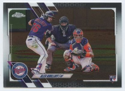 Chrome baseball card of Alex Kirilloff with Minnesota Twins and umpire during game