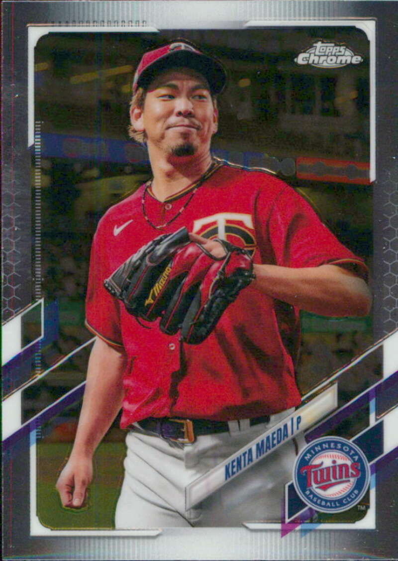 Baseball player in Minnesota Twins red uniform showcasing Topps Chrome Kenta Maeda card