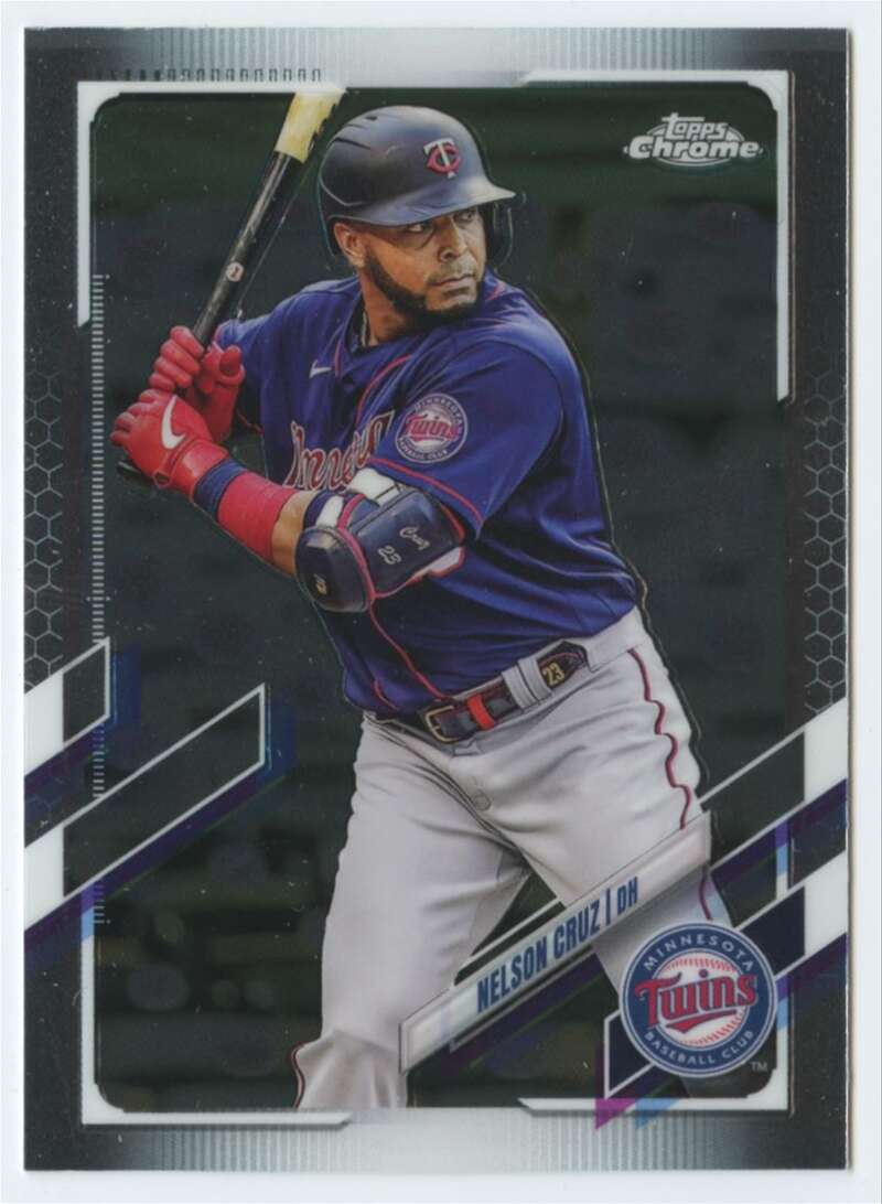 Nelson Cruz in Minnesota Twins uniform at bat featured on 2021 Topps Chrome card