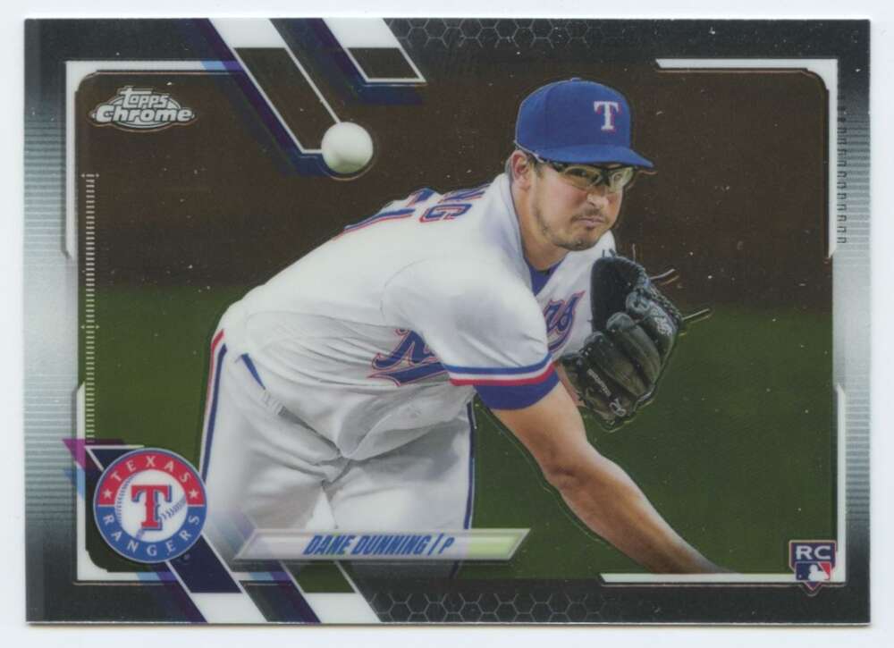 Dane Dunning pitching in mid-delivery on a Texas Rangers baseball card 2021 Topps Chrome