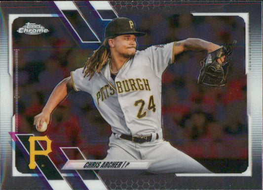 Chris Archer in Pittsburgh Pirates uniform pitching on 2021 Topps Chrome baseball card