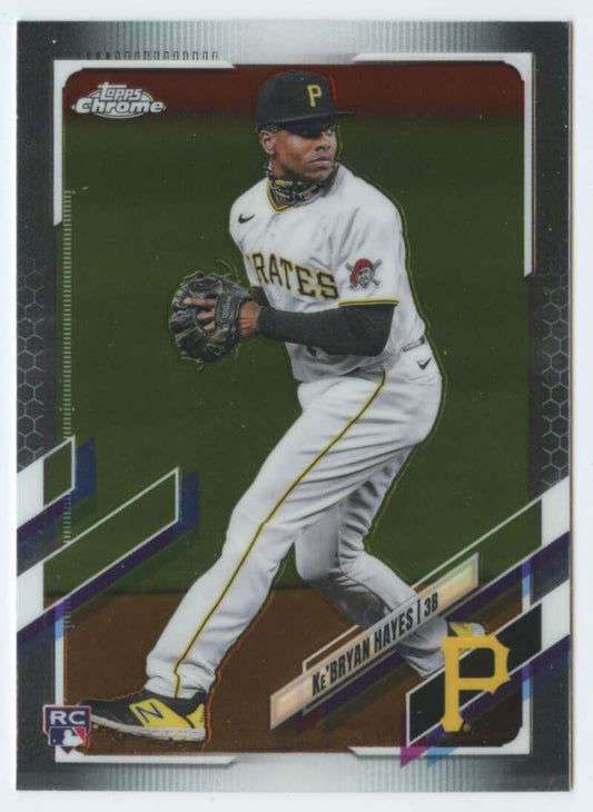 Baseball player in Pittsburgh Pirates uniform pitching, featured on Ke’Bryan Hayes Topps Chrome card