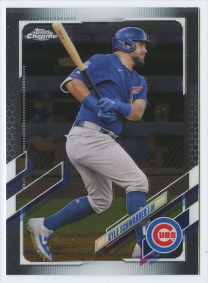 Kyle Schwarber in blue batting stance on 2021 Topps Chrome Chicago Cubs baseball card