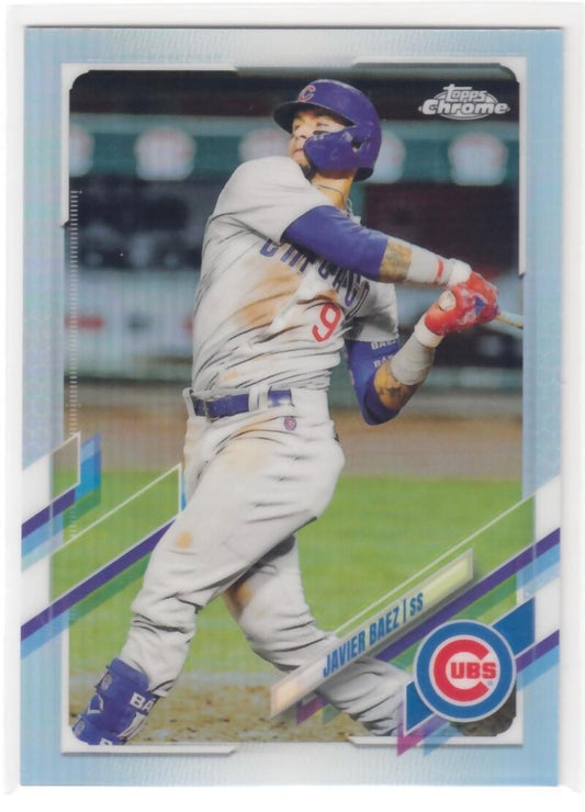 Chicago Cubs Javier Baez in gray uniform swinging bat on 2021 Topps Chrome Refractor card