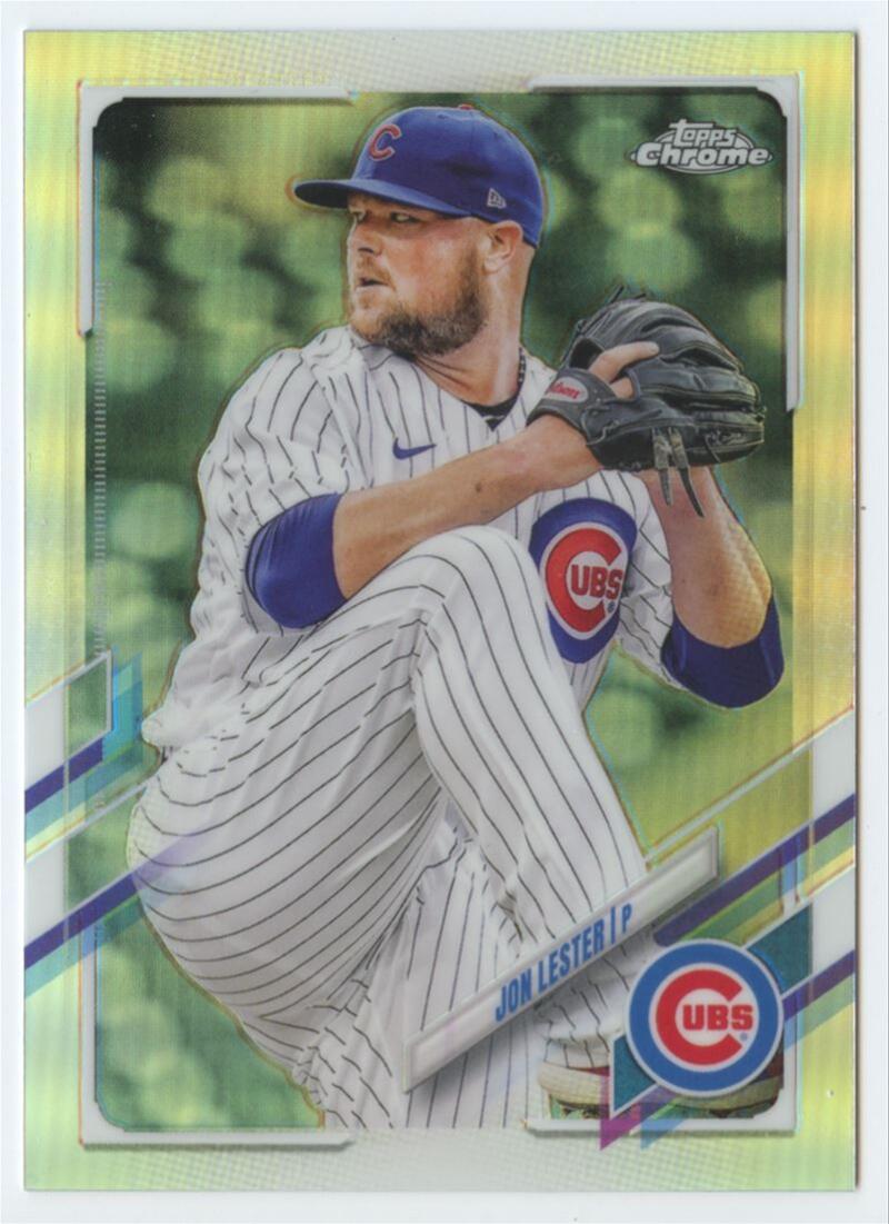 Baseball player Jon Lester in Chicago Cubs pinstriped uniform ready to pitch