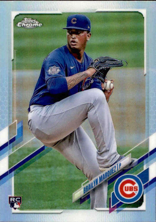 Brailyn Marquez in blue uniform pitching for Chicago Cubs on Topps Chrome card