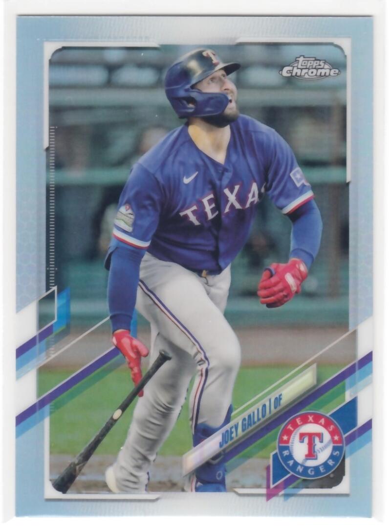 Joey Gallo in Texas Rangers uniform watching his hit with a bat on baseball card