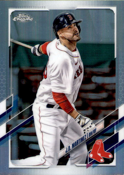 Boston Red Sox player J.D. Martinez swinging in 2021 Topps Chrome Baseball Card