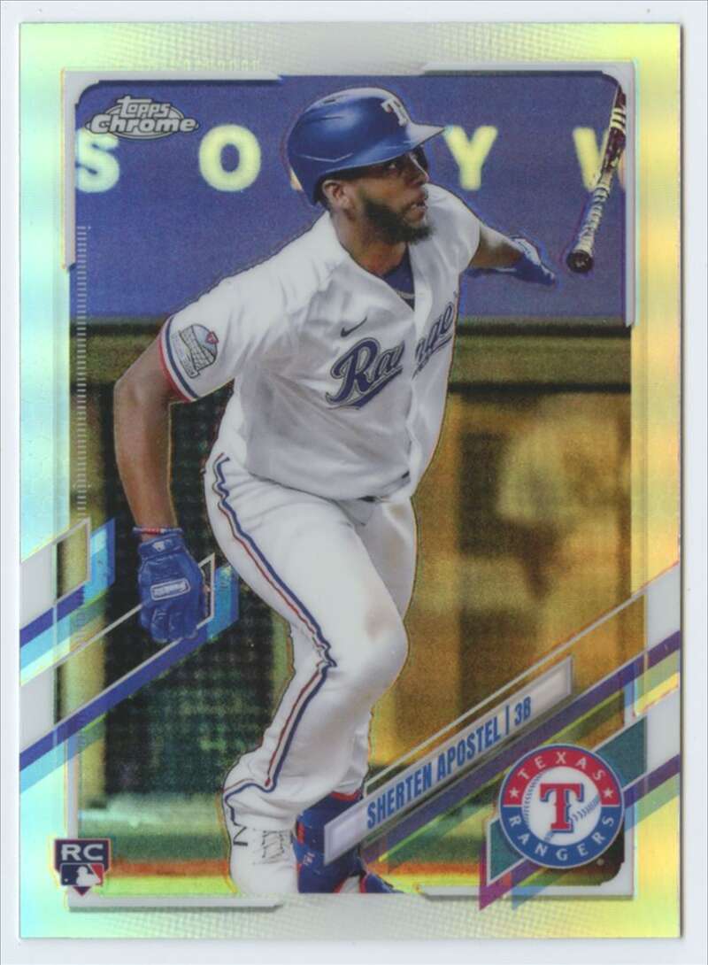 Baseball card of Sherten Apostel at bat in Texas Rangers uniform, Topps Chrome Refractor