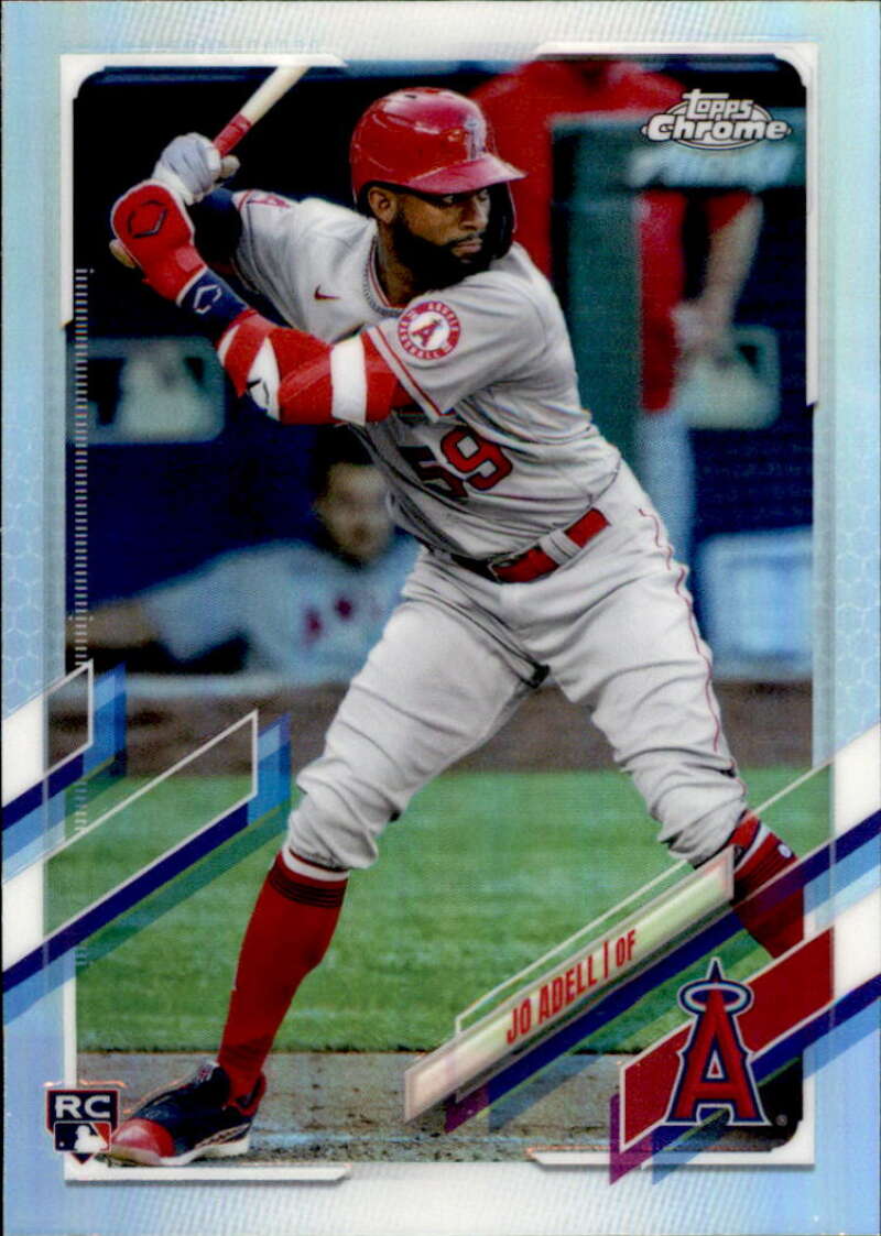 Baseball player in Los Angeles Angels uniform at bat, featured on Jo Adell rookie card