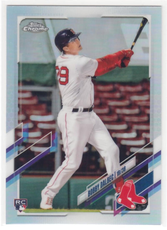 Bobby Dalbec swinging bat in Boston Red Sox uniform on 2021 Topps Chrome Refractor card