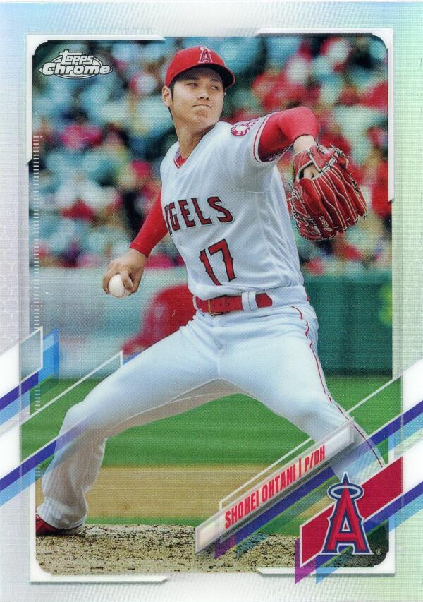 Shohei Ohtani mid-pitch in Los Angeles Angels uniform on baseball card 2021 Topps Chrome Refractor