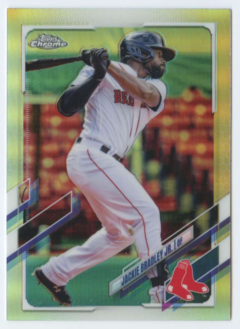 Jackie Bradley Jr. batting in a white uniform on a Boston Red Sox baseball card