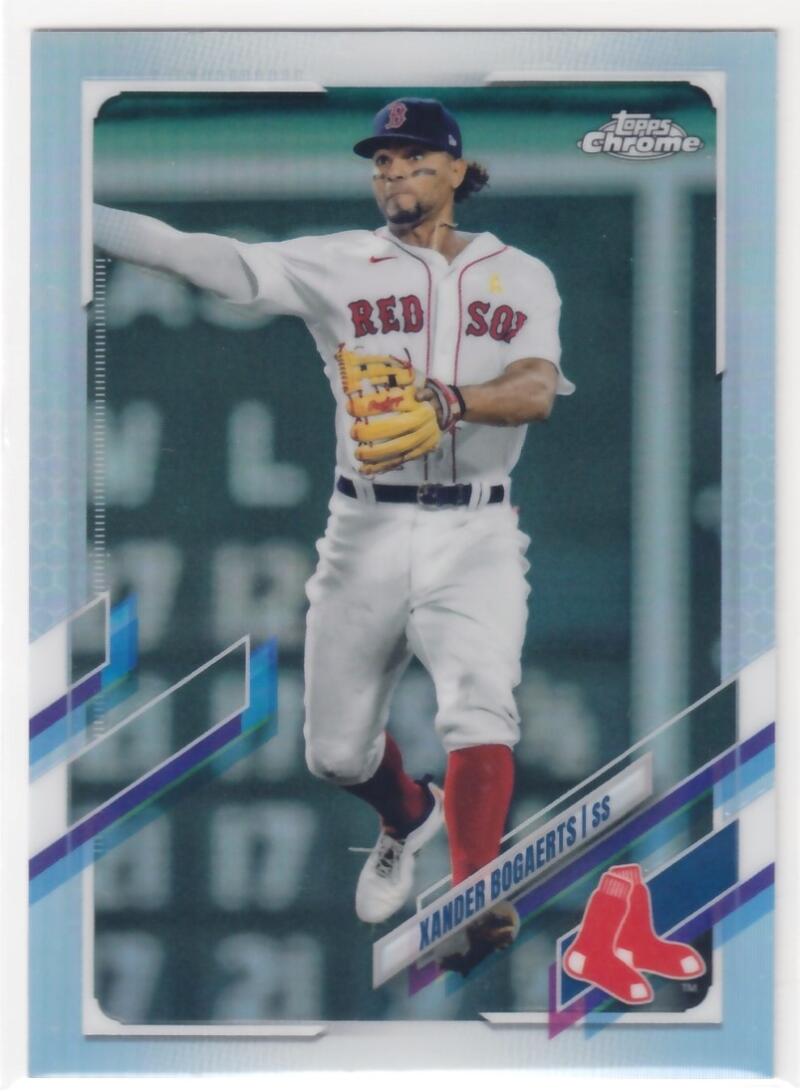 Boston Red Sox player Xander Bogaerts throwing a ball in Topps Chrome Refractor card