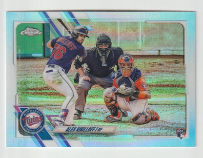 Baseball trading card of Alex Kirilloff at the plate for Minnesota Twins Topps Chrome