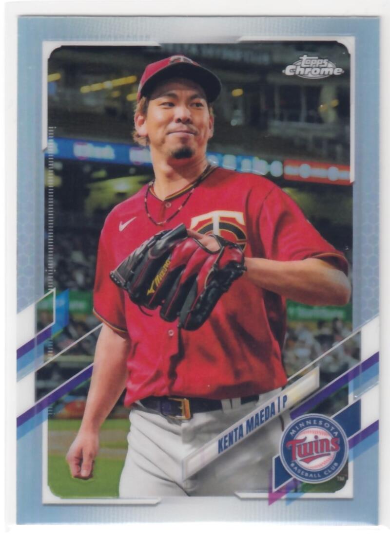 Kenta Maeda in red Minnesota Twins uniform on 2021 Topps Chrome Refractor baseball card