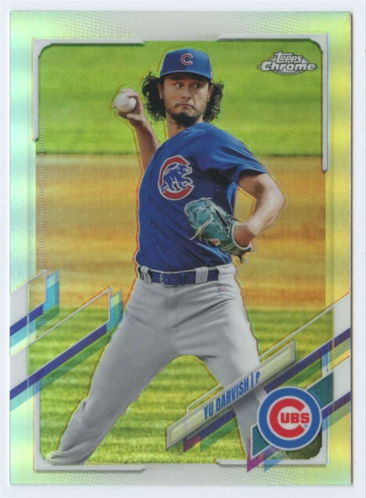 Baseball player in Chicago Cubs uniform preparing to pitch for Topps Chrome Refractor card