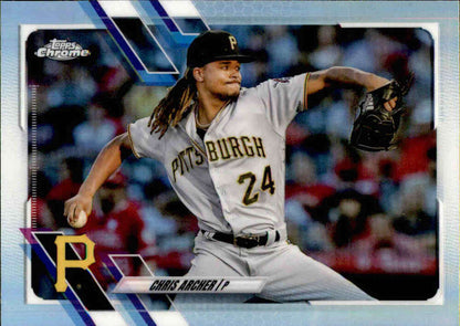 Pittsburgh Pirates pitcher Chris Archer in mid-throw wearing jersey number 24 Topps Chrome Refractor