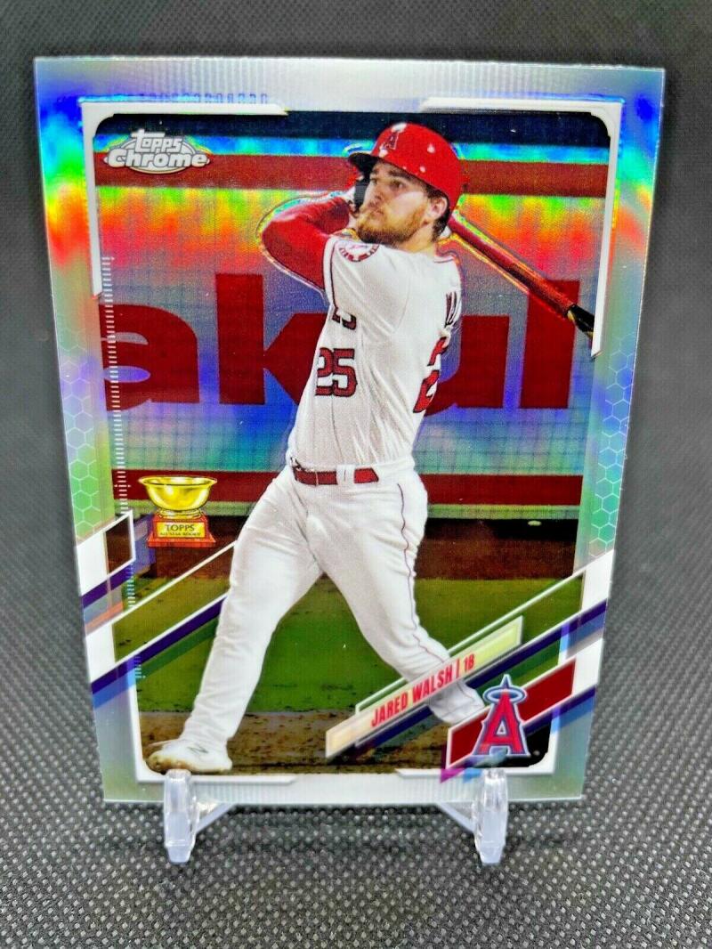 Holographic baseball card of Jared Walsh, Los Angeles Angels player in white uniform