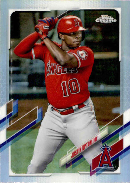 Baseball card of Justin Upton in red uniform for Los Angeles Angels Topps Chrome Refractor