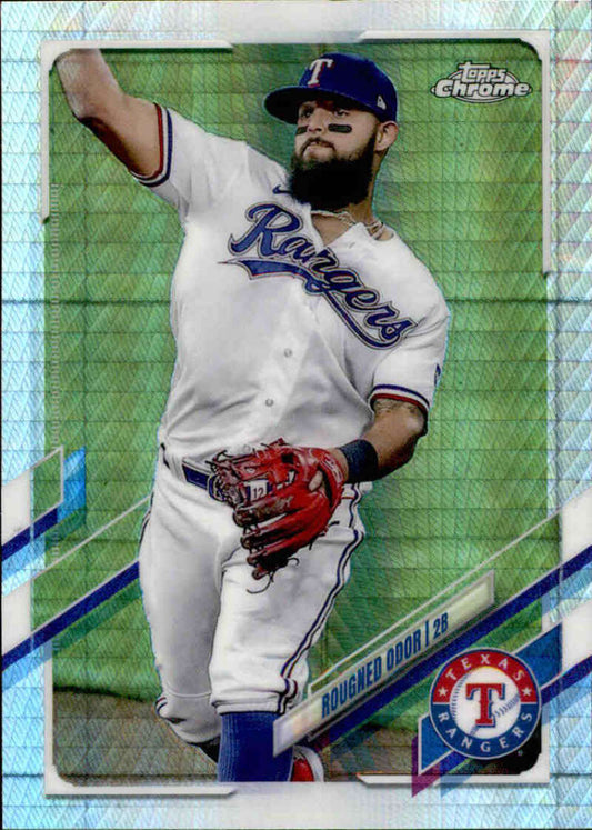 Rougned Odor in Texas Rangers uniform mid-pitching action on 2021 Refractor Prism card