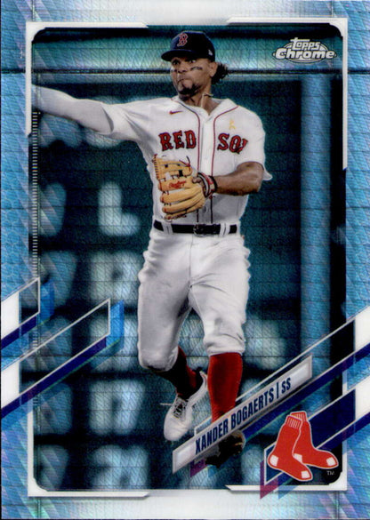 Xander Bogaerts in Boston Red Sox uniform making a throw on a baseball card